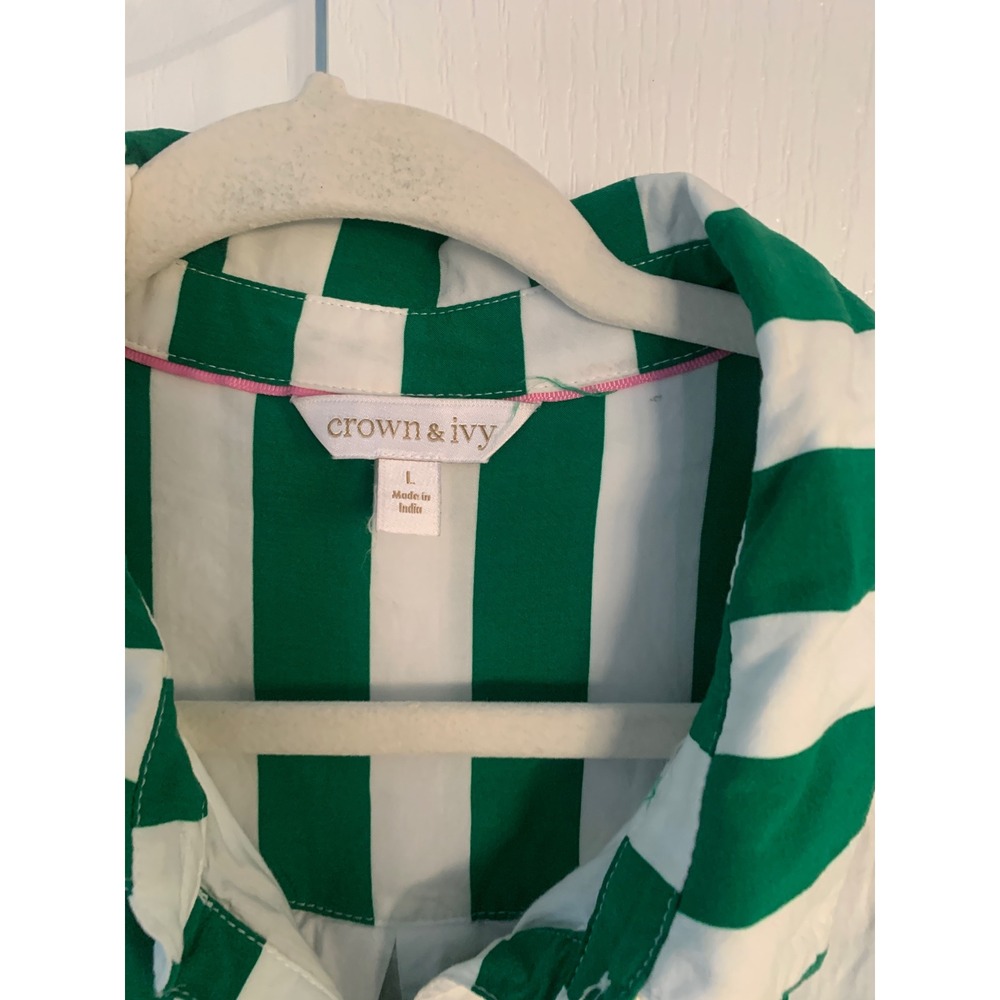 Crown & Ivy Green White Striped Midi Shirt Dress Puff Sleeve Belted Pockets L - Picture 2 of 11